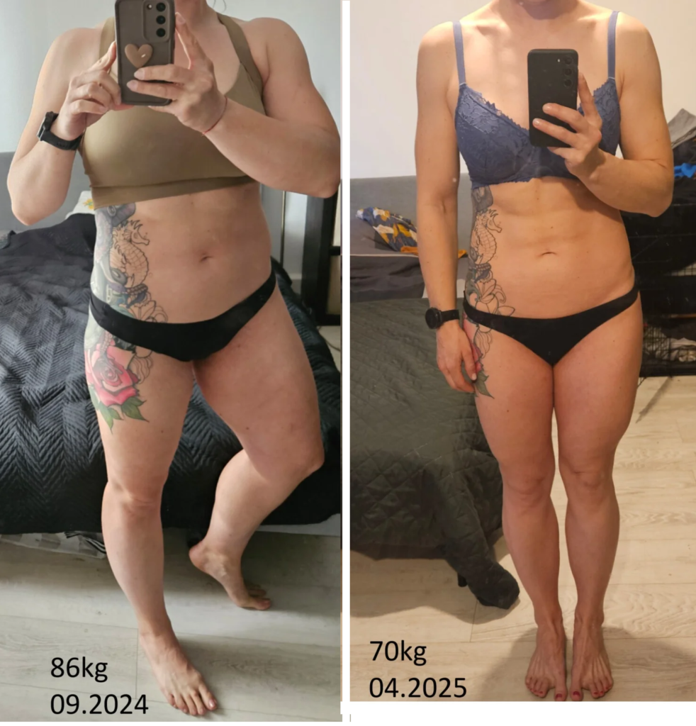 Metamorfoza kobiety, redukcja z 86 kg do 70 kg z trenerem online